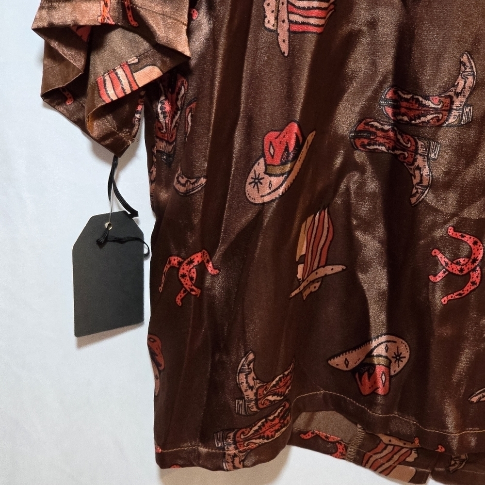 NWT Midnight Bakery Silky Cowgirl Print Button Front Top Chapel Roan Horse, sz L - Picture 1 of 9